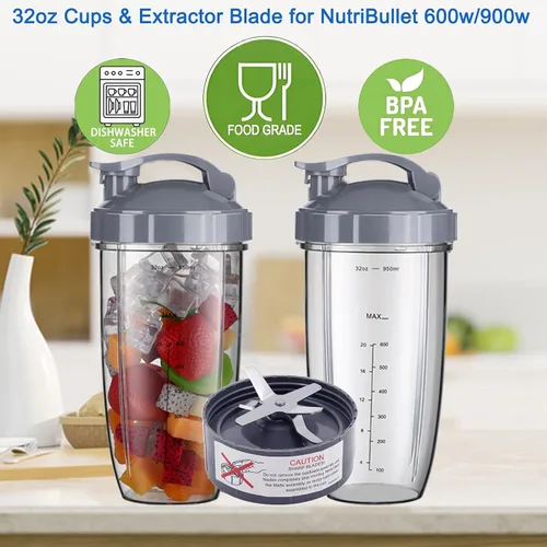 Vista 3 de Para nutribullet - Juego de tazas de licuadora y cuchilla, 32 onzas con 2 tapas abatibles para llevar y 1 mango de anillo de tapa, piezas