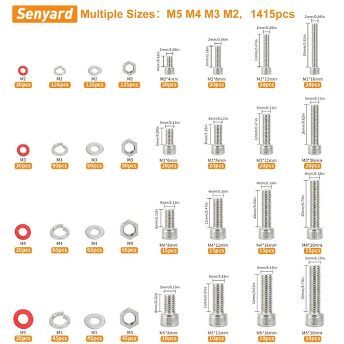 Vista 4 de Tuercas y pernos M2 M3 M4 M5, surtido de pernos métricos de acero inoxidable 304 (arandelas de bloqueo y planas), surtido de tornillos métricos