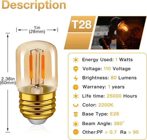 Vista 2 de Bombillas LED ámbar E26 de 1 W, T28 Mini Edison tubo lámpara de 2200 K cálidas, equivalente a 10 W, bombilla decorativa de repuesto no regulable