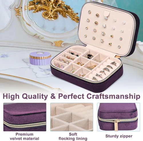 Vista 4 de Dajasan Mini estuche de joyería de viaje, pequeña caja organizadora de joyas de viaje, caja de regalo de joyería de terciopelo para mujeres y niñas