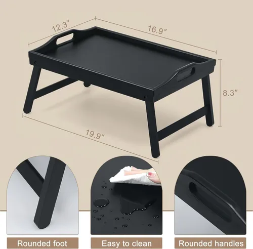 Vista 7 de Paquete de 2 bandejas de cama para mesa de desayuno, bandejas de servir, bandeja de bambú para cama portátil con patas plegables, asas y soportes