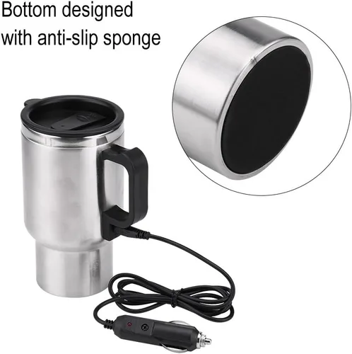Vista 5 de Hervidor eléctrico para coche, 12 V, 15.2 fl oz, eléctrico en el coche, taza de calefacción de acero inoxidable, taza de café, té, taza de coche