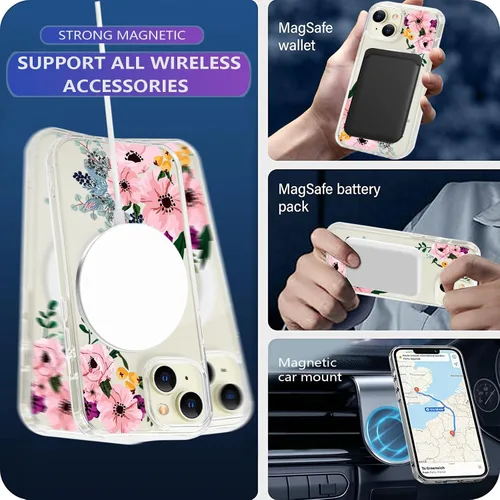 Vista 4 de Funda magnética de flores para iPhone 15 [compatible con MagSafe] Bonito patrón floral transparente a prueba de golpes