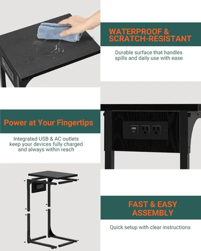 Vista 3 de Mesa auxiliar en forma de C para sofá, soporte de café pequeño, bandeja de sofá con marco de metal, parte superior de madera impermeable resistente