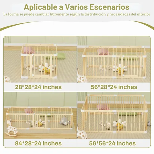 Vista 7 de Corralito grande de madera para bebés, puerta ajustable para niños pequeños y bebés, valla resistente, patio de juegos para bebés con puerta, área