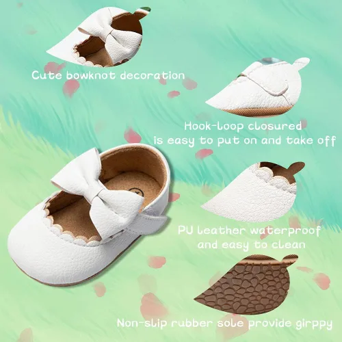 Vista 5 de Meckior - Zapatos bajos y livianos para bebés estilo Mary Jane con suela suave y lazo decorativo para vestidos de princesa o bodas para niñas que