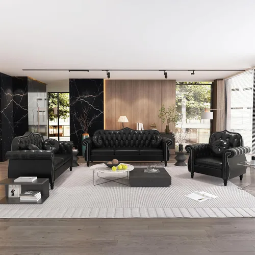 Vista 5 de AVZEAR 82" Sofá de tres plazas de cuero, sofá Chesterfield, sofá tapizado en PU de estilo moderno de mediados de siglo, sofá de sala de estar