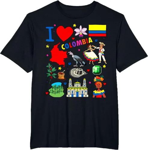 Vista 36 de Camiseta con diseño de bandera y mapa de I Love Colombia dibujada a mano