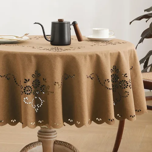 Vista 14 de Wracra Mantel redondo de macramé impermeable, estilo lino de granja, resistente a las arrugas, lavable, para interiores y exteriores
