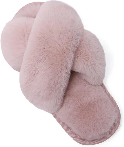 Vista 13 de LightFun Pantuflas peludas y peludas para niña, chancletas de piel con punta abierta, sandalias de banda cruzada para niñas, hogar, interior y Beige