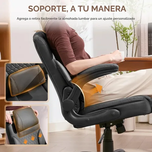 Vista 4 de Silla de Oficina para el Hogar con Soporte Lumbar, Asiento Engrosado de 5", Pequeña Silla de Escritorio Mecedora de Cuero PU, Cómodas Sillas de Negro