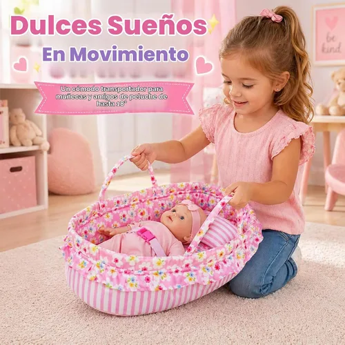 Vista 3 de June Garden Moisés y portabebés para muñecas de 18 pulgadas, color rosa Blanco crema (con almohada y hebilla)