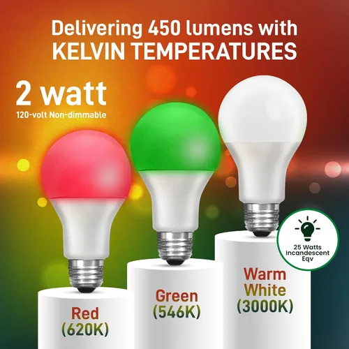 Vista 4 de Bombilla LED automática que cambia de color – Ciclos automáticamente entre rojo/verde/blanco cada 5 segundos – A19, E26, 2 W, bombilla LED de porche