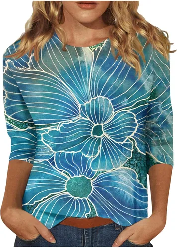 Vista 59 de Camisetas personalizadas para mujer, a la moda, casual, de séptima manga, estampada, cuello redondo, camiseta