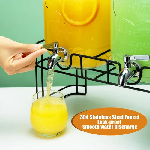 Vista 4 de Dispensadores de bebidas de vidrio de 1 galón para fiestas, paquete de 2 dispensadores de bebidas con soporte, cilindro de hielo y espita de acero