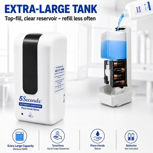 Vista 4 de 5Seconds Automatic Foam Soap Dispenser, Touchless Wall Mount, Infrared Sensor, Lockable, Battery Powered, Commercial Grade