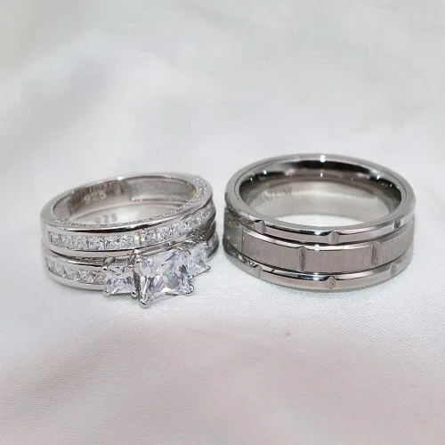 Vista 3 de Juego de anillos de boda para él y ella, anillos de promesa para parejas, conjuntos de novia para mujer, plata de ley 925, circonita cuadrada, acero