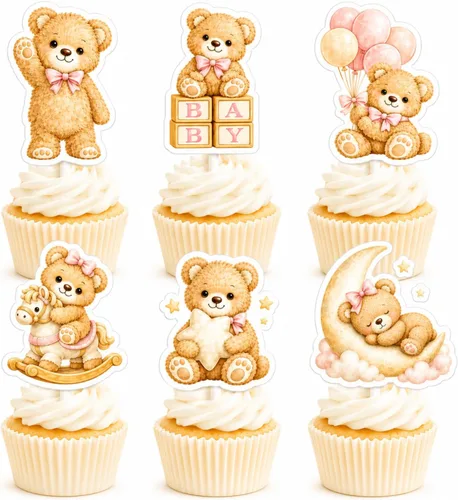 Vista 10 de ALISSAR We Can Bearly Wait - Decoraciones para baby shower, 36 adornos para cupcakes de oso azul