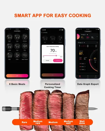 Vista 5 de Termómetro inalámbrico para carne con 2 sondas y rango de 800 pies – Termómetro inteligente Bluetooth para parrilla de barbacoa con base