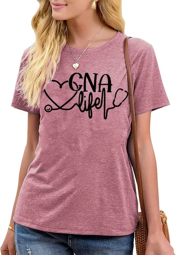 Vista 2 de CNA Life - Camiseta de manga corta para mujer, diseño gráfico lindo para la vida de enfermería, regalos divertidos para la escuela de enfermería