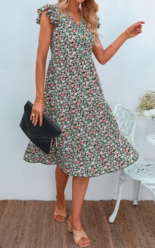 Vista 4 de Angashion Vestido de verano para mujer con cuello en V floral manga casquillo vestido midi hasta la rodilla vestido de verano