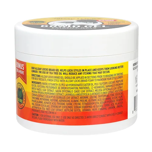 Vista 3 de AllDay Locks Gel para Trenzas (5 oz) Fijación Extrema, Alto Brillo Control de Bordes Sin Frizz ni Escamas Aceite de Árbol de Té, Lavanda