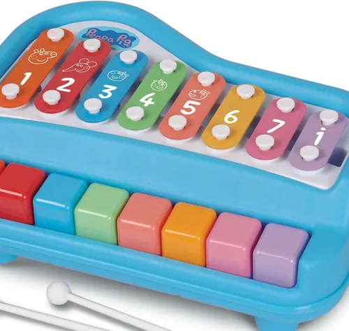Vista 4 de Peppa Pig: Piano Play Along - Paino y xilófono 2 en 1, 8 notas y llaves, incluye: 4 tarjetas de canciones y 2 mazos, juguetes educativos de música