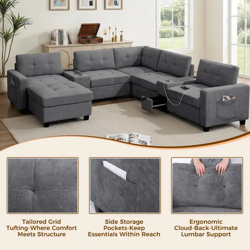 Vista 46 de Sofá modular de 103 pulgadas con 2 consolas acrílicas, juego de sofá en forma de U de gran tamaño con cargador USB, cajones de almacenamiento, Beige