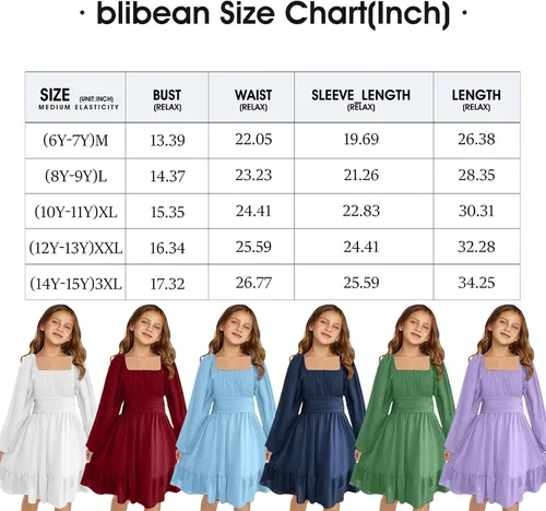 Vista 6 de blibean Vestido de manga larga con lazo en la espalda para niñas, vestido de otoño con hombros descubiertos, talla 6-15 años
