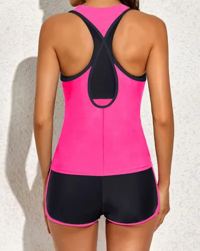Vista 2 de Yonique Traje de baño tankini atlético de 3 piezas para mujer con pantalones cortos, camisetas sin mangas con brasier deportivo y pantalones cortos
