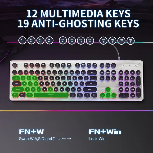 Vista 5 de Teclado estilo máquina de escribir con panel de metal, retroiluminación LED arcoíris, teclas redondas, anti-fantasma, resistente a derrames, luz USB
