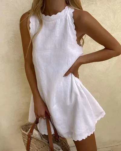 Vista 2 de Yuemengxuan Womens Sleeveless Tank Dress V-Neck Scallop 2023 Summer Dresses Back Zipper Linen Casual Beach Sundress