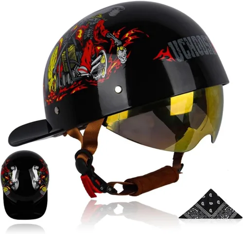 Vista 11 de Medio casco para motocicleta, gorra de béisbol retro, medios cascos con lente desplegable para adultos de calle, para hombres y mujeres
