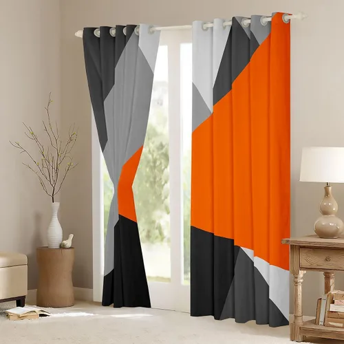 Vista 3 de Cortinas opacas de 38 pulgadas de ancho x 45 pulgadas de largo, cortinas opacas de triángulo geométrico naranja, negro, gris claro, cortinas