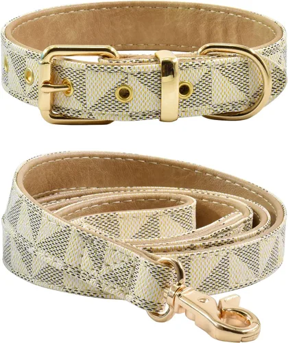 Vista 7 de Juego de collar y correa de cuero para perro, correas de collar de perro con patrón de cuadros, hebilla de metal ajustable y duradera para perros