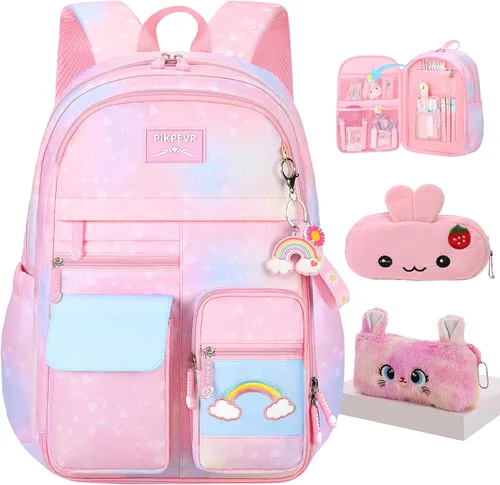 Vista 11 de Jcobvig Mochila de arcoíris para niñas y niños, linda mochila escolar para estudiantes con bolsa para bolígrafos, bolsa de viaje para portátil