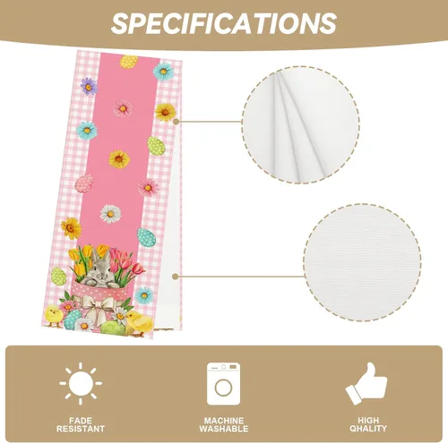 Vista 6 de Camino de mesa de Pascua a cuadros de búfalo rosa y blanco, huevo de Pascua, conejito, margarita, tulipán, decoración de mesa floral, primavera