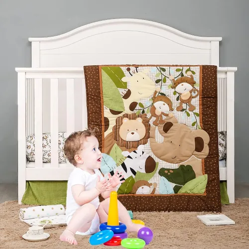 Vista 2 de Brandream Juego de sábanas para cuna de la selva para bebés, niños pequeños, 100% algodón, estampado botánico de mono animal, juego de sábanas