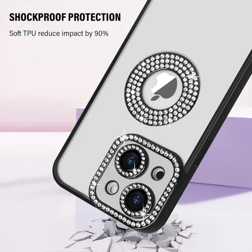 Vista 4 de Losin Funda compatible con iPhone 15 con purpurina y vista del logotipo para mujeres y niñas, bonita funda de lujo con diamantes de imitación, funda