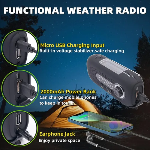 Vista 2 de Radio meteorológica Hank Crank, radio meteorológica NOAA, radio AM FM, radio de emergencia impermeable con linterna LED y cargador de teléfono