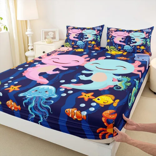 Vista 31 de Lindo Axolotl - Sábana bajera ajustable para niños, tamaño individual, juego de ropa de cama de animales marinos de dibujos animados, decoración