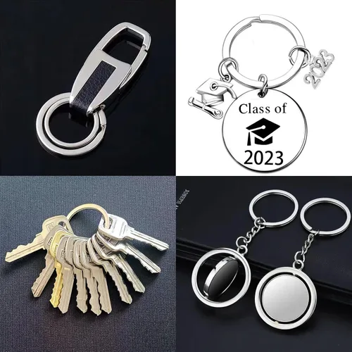 Vista 7 de Paquete de 40 anillas para llaves llaveros mezcla de 4 tamaños, de metal plateado, planas, partidas, para casa, coche, placa de perro, oficina