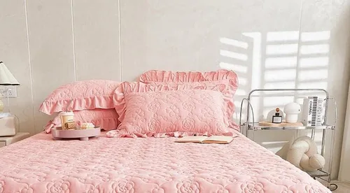 Vista 10 de Colcha acolchada de algodón brocado con patrón de flores, falda de cama con volantes, tamaño Queen, beige