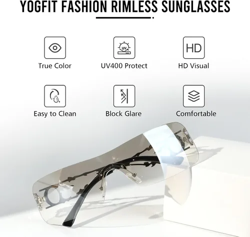 Vista 3 de YOGFIT Lentes de sol Y2K sin montura para mujeres y hombres, a la moda, envolventes, futuristas, geniales