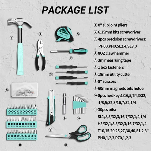 Vista 3 de DEKOPRO Kit de herramientas manuales generales para el hogar de 50 piezas con caja de herramientas de plástico, kit de herramientas multiusos