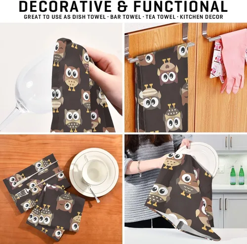 Vista 7 de Owls - Toallas de cocina marrones, 18 x 28 pulgadas, paños de cocina súper suaves y absorbentes para lavar platos, paquete de 6 toallas de mano