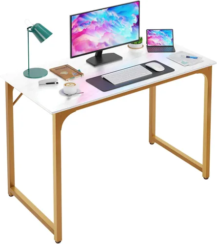 Vista 32 de PayLessHere Escritorio para computadora de 32 pulgadas Negro Escritorio de oficina con marco de metal, pies ajustables Superficie resistente