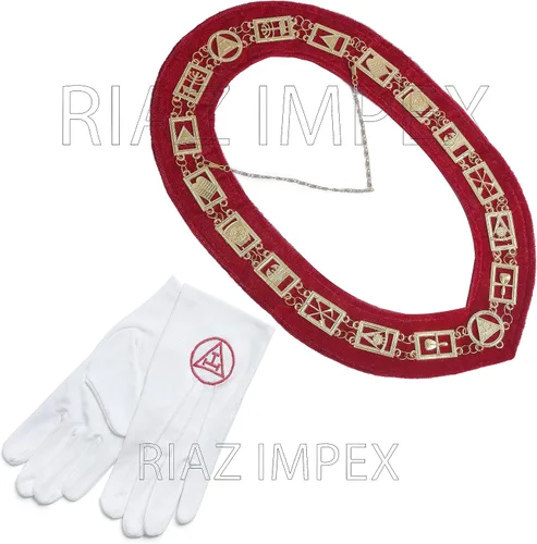 Vista 2 de Collar de cadena de metal Masonic Regalia Royal Arch Mark Master con guantes bordados de algodón blanco, Algodón Metal