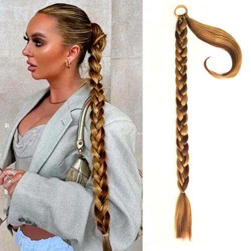 Vista 17 de Extensiones de cola de caballo trenzada de 20 pulgadas de largo para mujer, extensiones de cabello lacio envolvente con banda para el cabello, cola