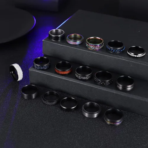 Vista 6 de Besteel 16 anillos de acero inoxidable para hombres y mujeres, anillos para aliviar la ansiedad, cadena fresca, bordes biselados, banda negra celta